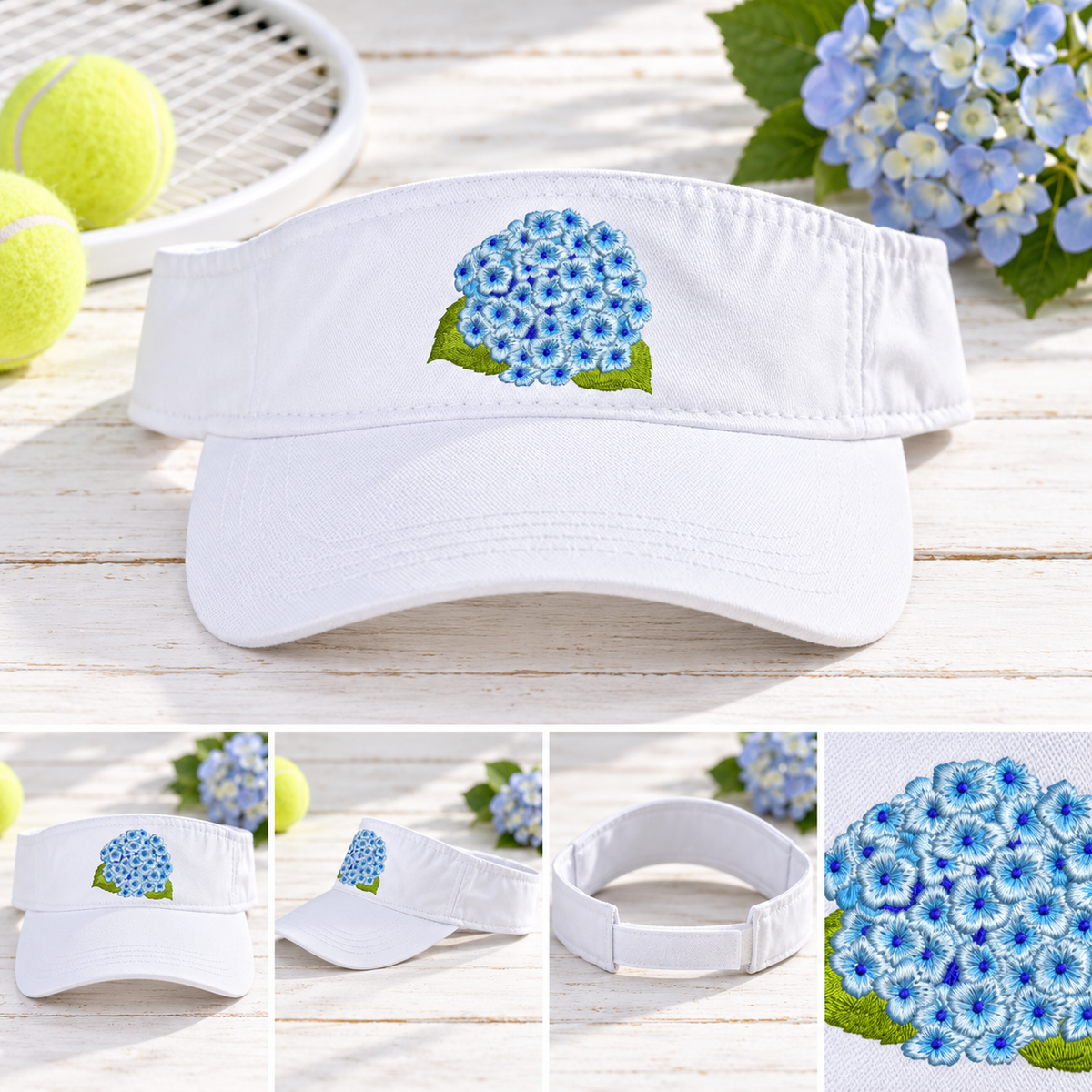 blue hydrangea visor embroidered collage