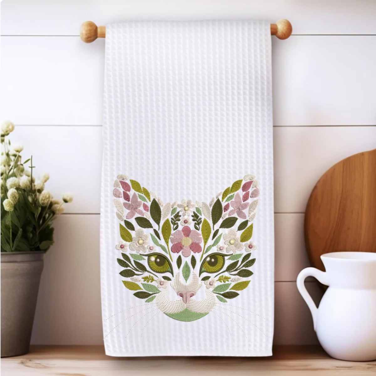 Floral Cat Tea Towel or Canvas Tote Bag