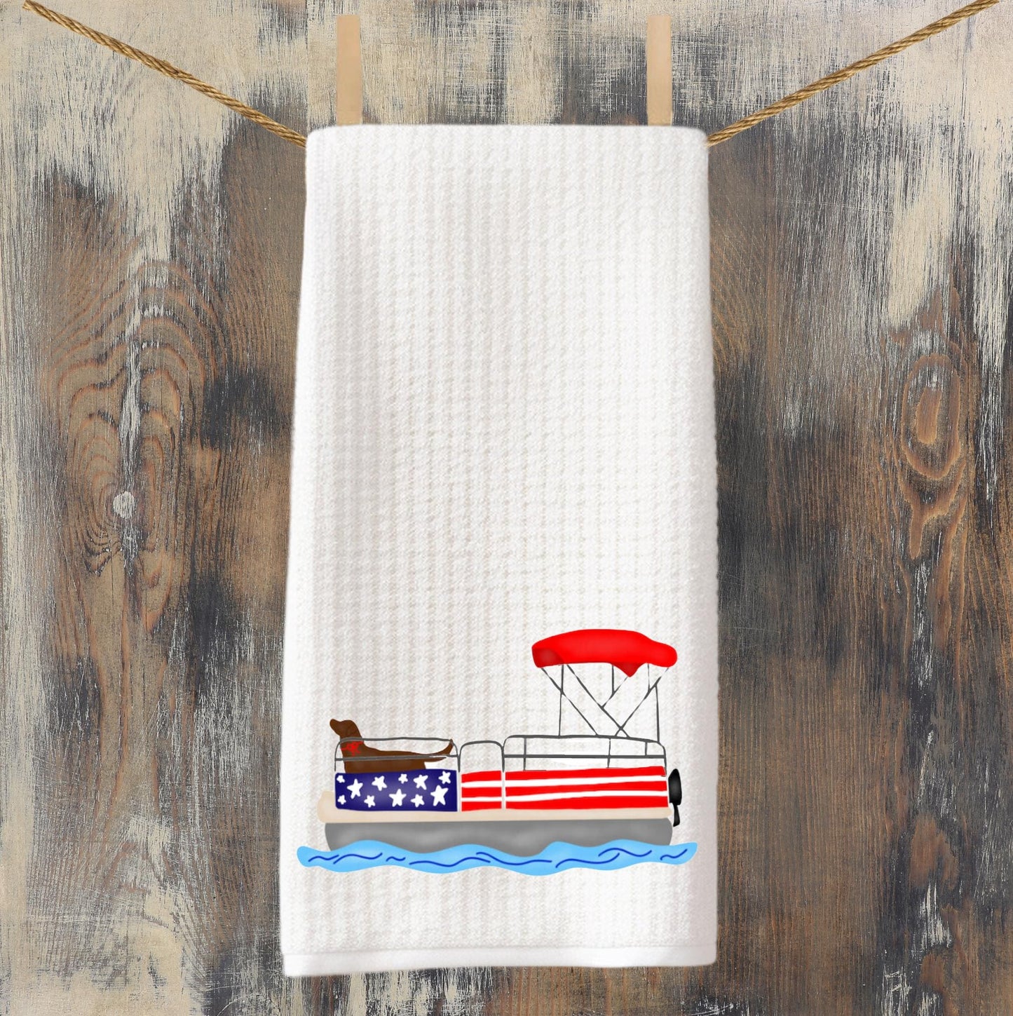 Patriotic Pontoon Boat Tea Towel: Red, White & Blue 4th of July Decor
