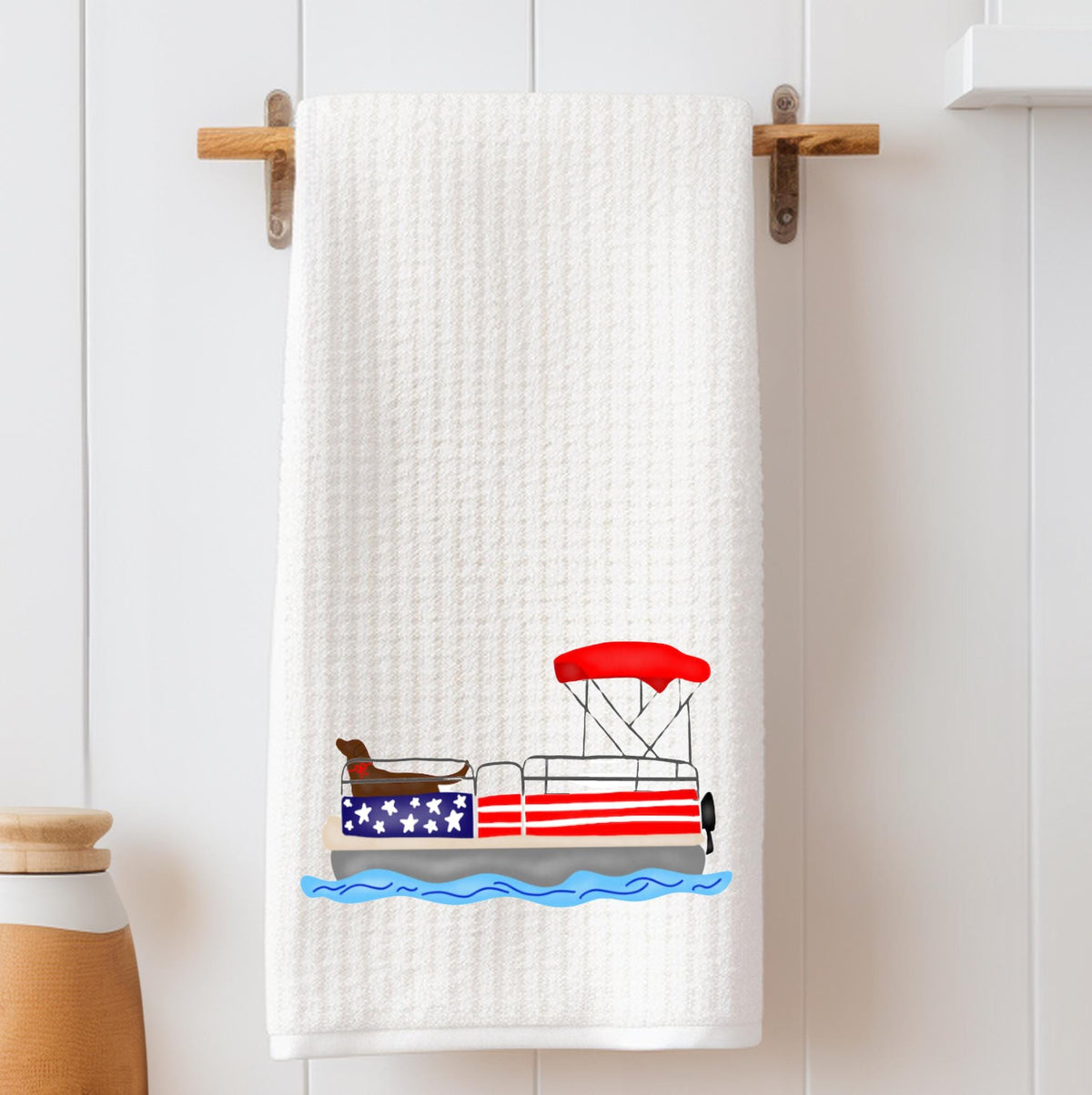 Pup on a Pontoon Tea Towel