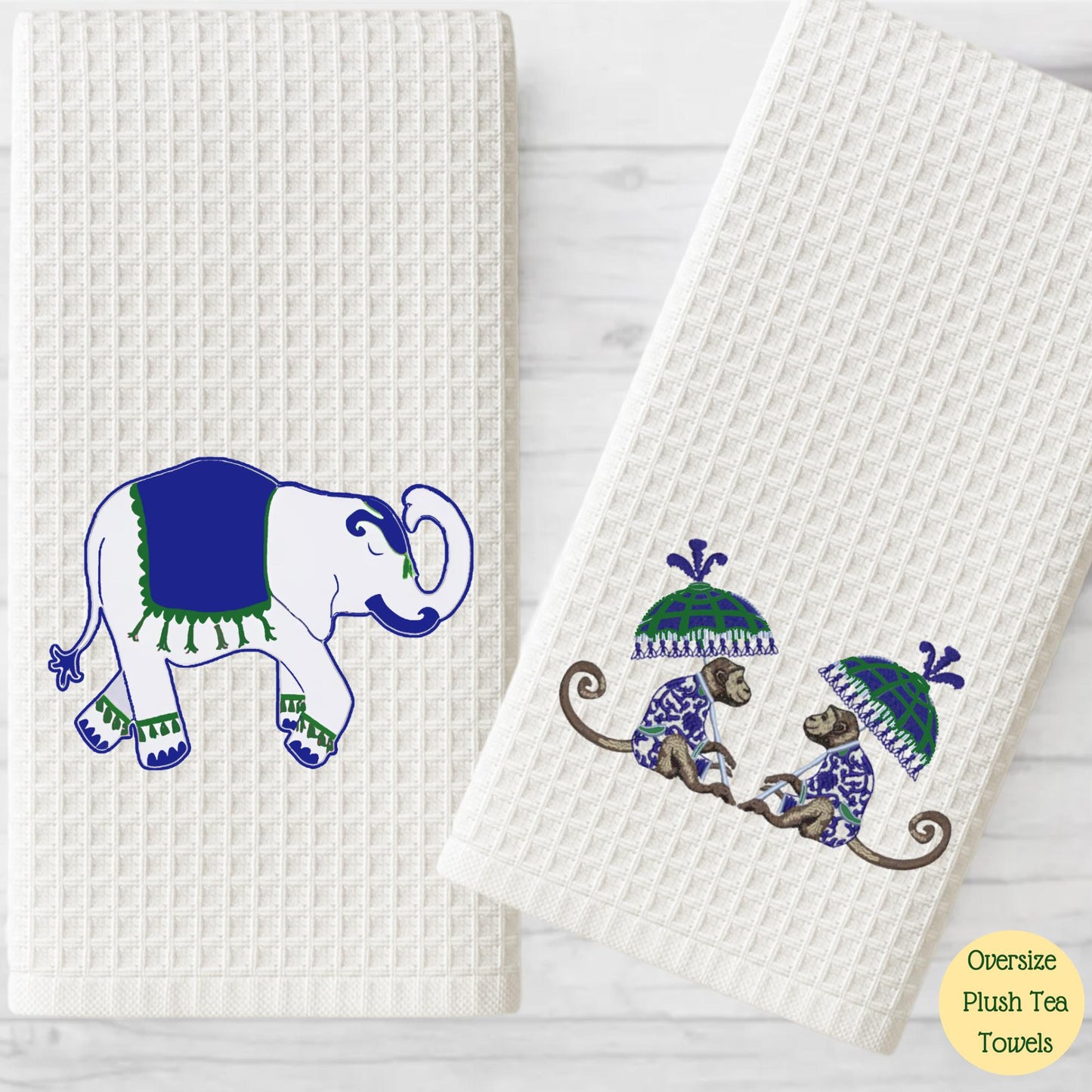 Chinoiserie Inspired Blue and Green Pagoda Tea Towel Collection