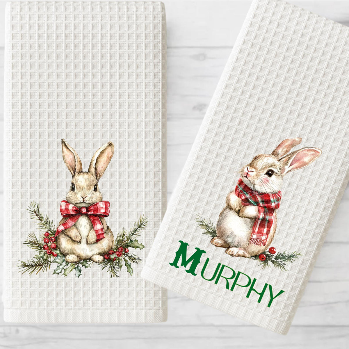 Personalized Rabbit Christmas Tea Towel