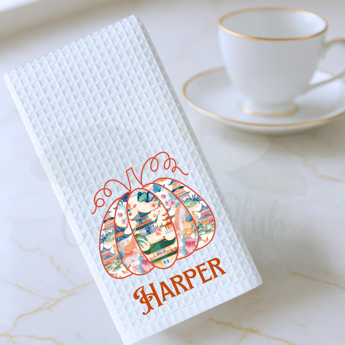 Personalized Green & White Checkered Pumpkin Tea Towel