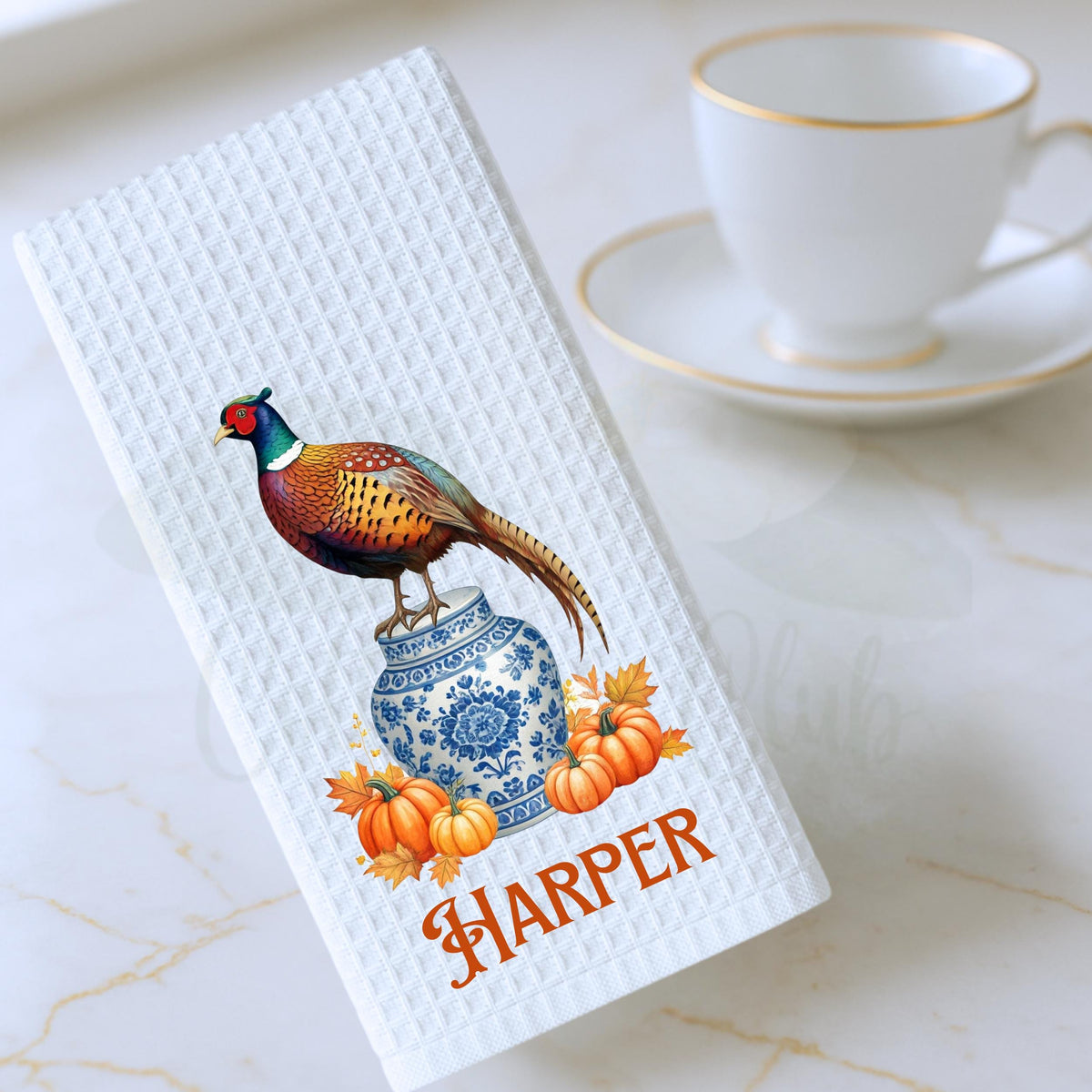 Fall Pheasant & Pumpkin Waffle Weave Tea Towel
