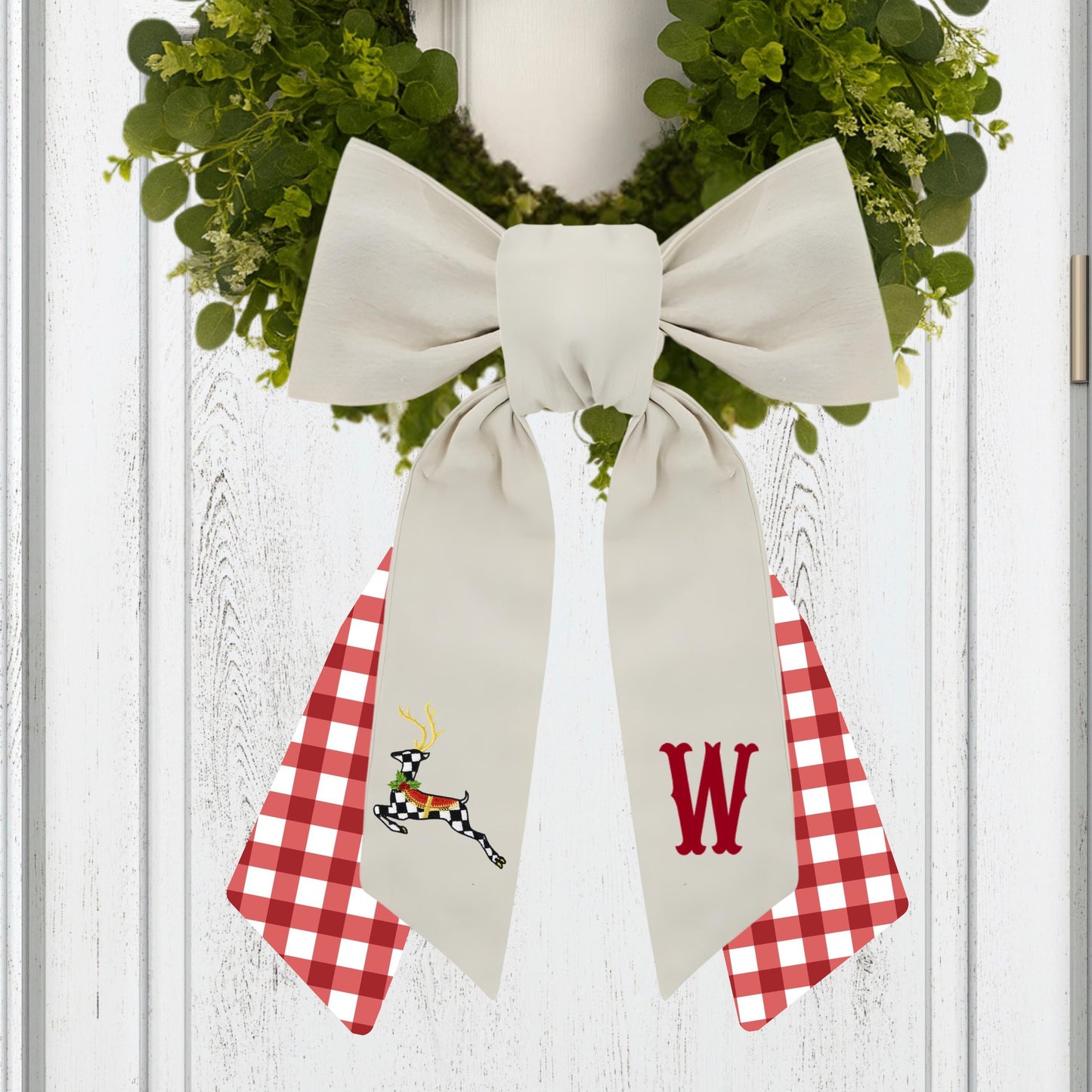 Holiday Courtly Check Inspired Embroidered Monogramed Wreath Sash