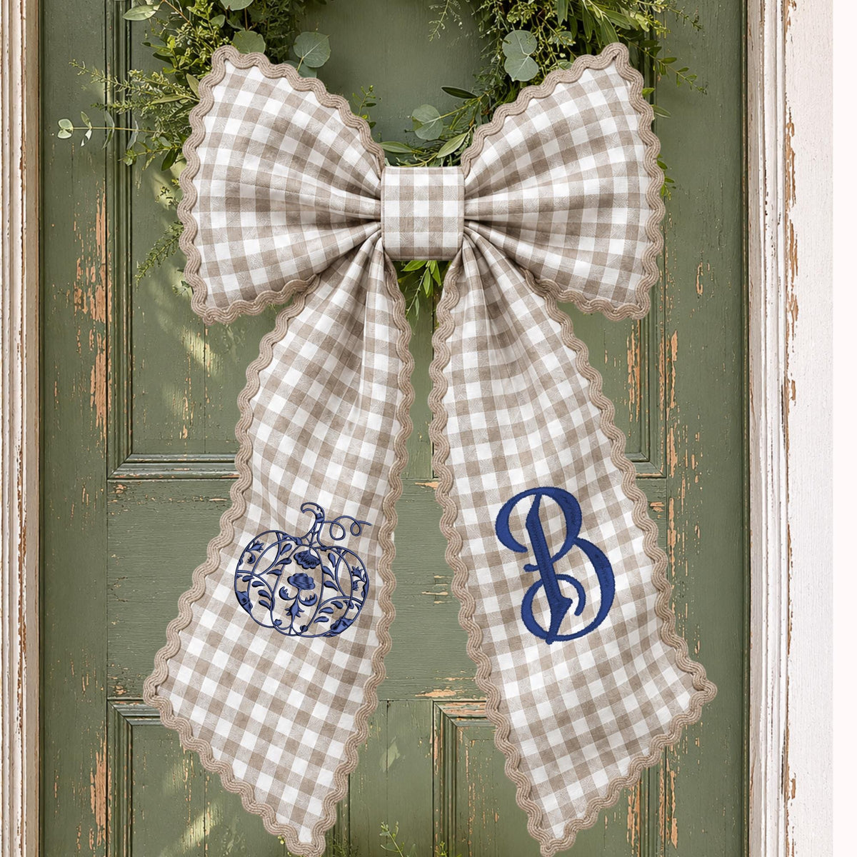 Embroidered Blue & White Pumpkin Monogram Wreath Sash