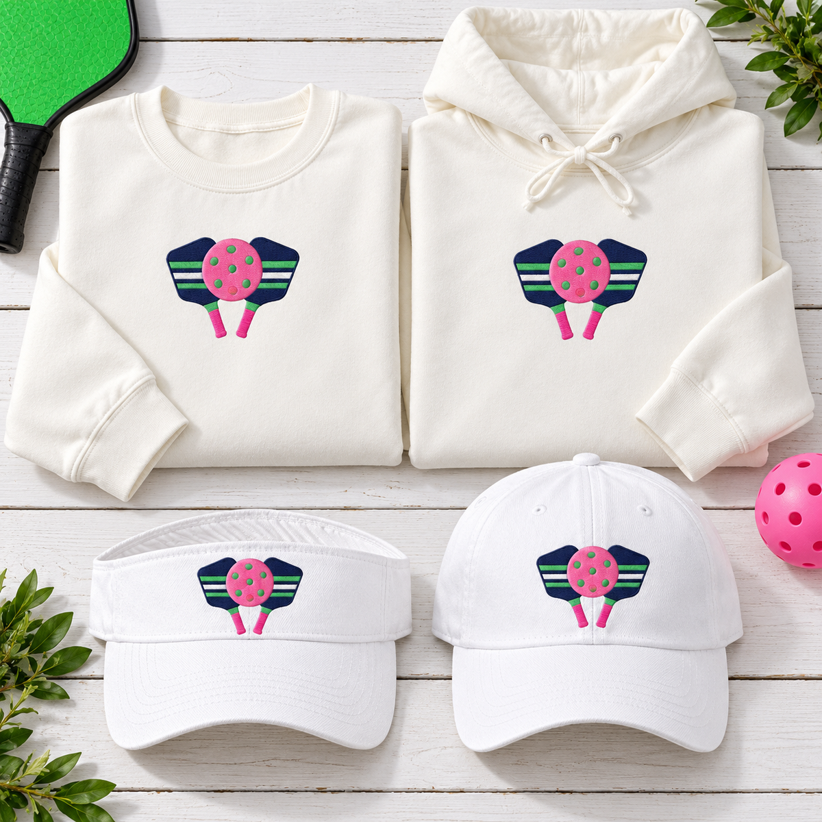 Pickleball Paddles embroidered collage with pink ball and green holes