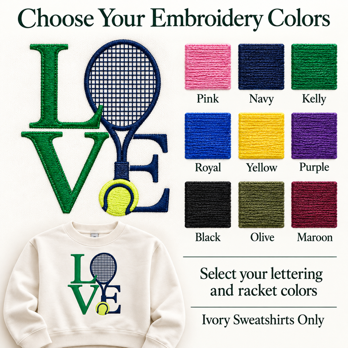 Tennis Love embroidered crew options guide