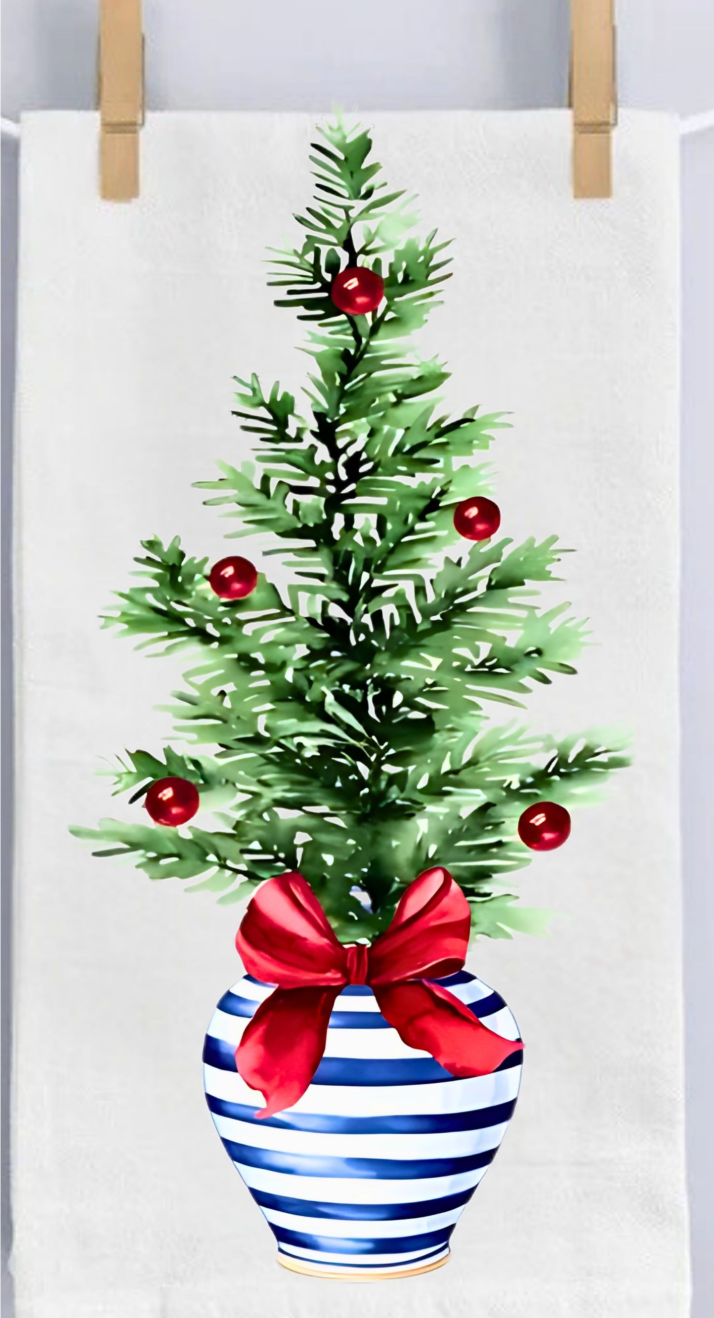 Blau-weißes Geschirrtuch mit Weihnachtsbaummotiv – Waffelmuster oder Mehlsack