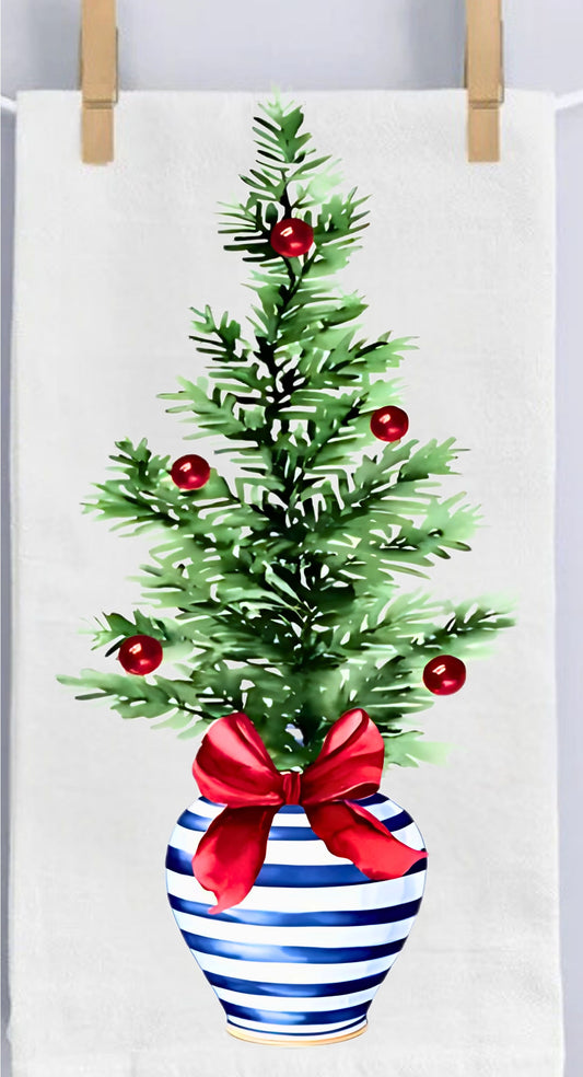 Blue & White Christmas Tree Waffle Weave Tea Towel