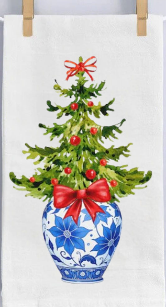 Christmas Tree in Cloisonné Jar Tea Towel