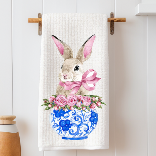 Bunny in Floral Vase Tea Towel