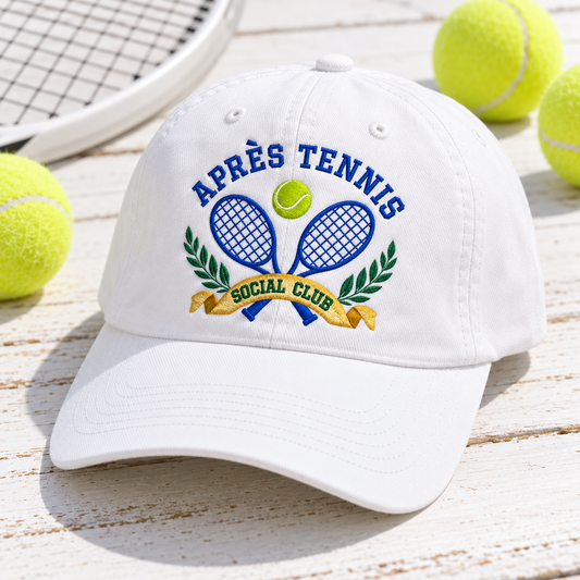 White Après Tennis Social Club embroidered Courtside Cap flat lay