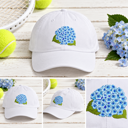 blue hydrangea cap embroidered collage