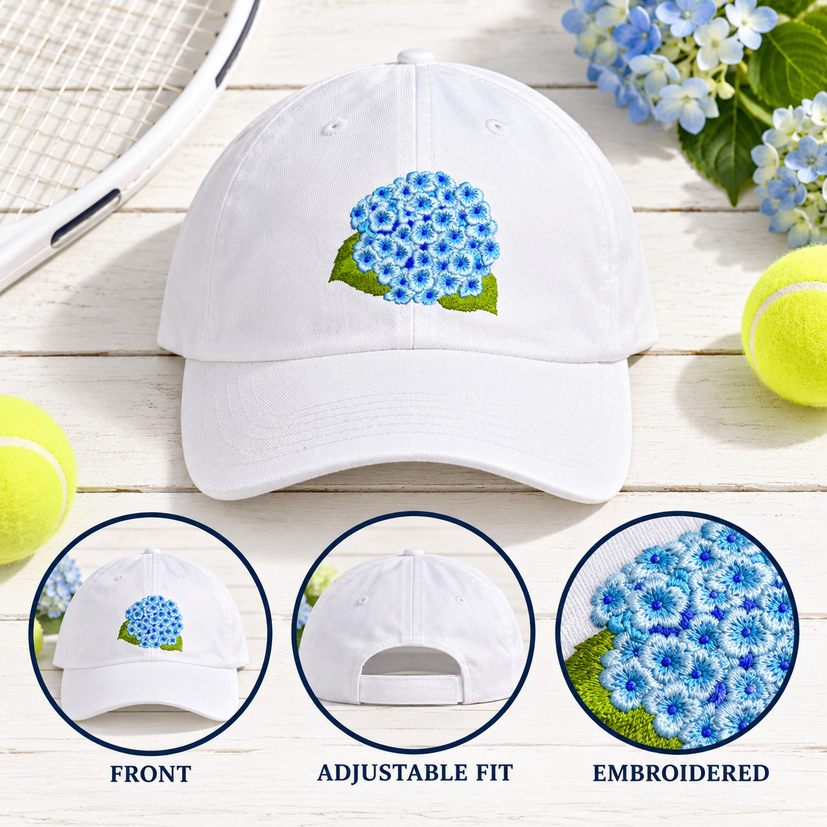 blue hydrangea cap embroidered options