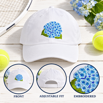blue hydrangea cap embroidered options
