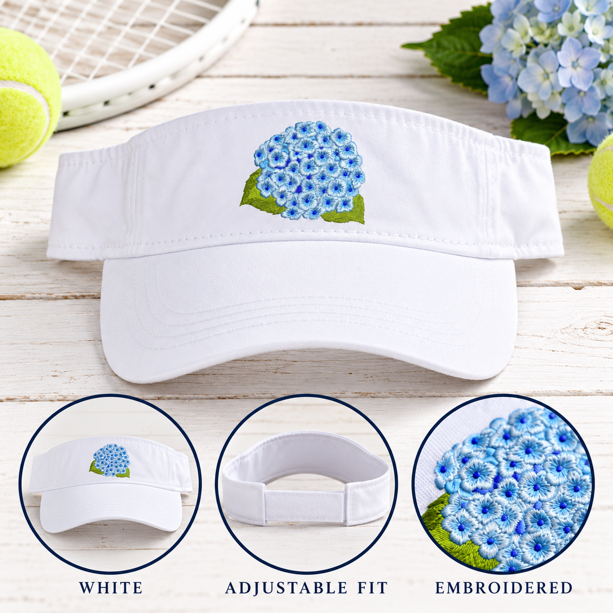 blue hydrangea visor embroidered options