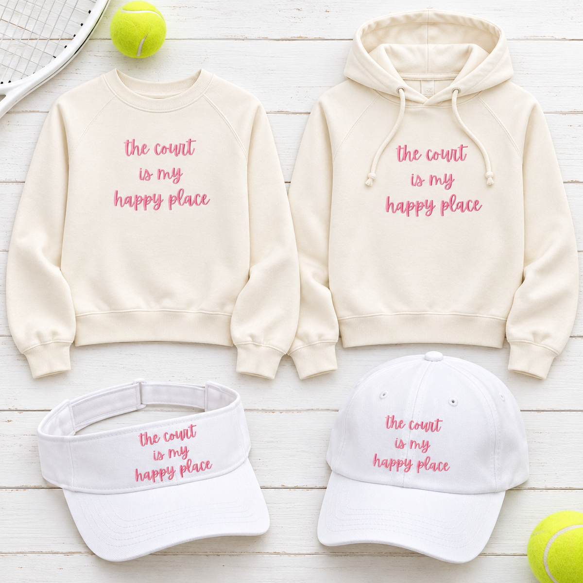 The Court Is My Happy Place matching ivory sweatshirts and white visor and cap, sold separately
