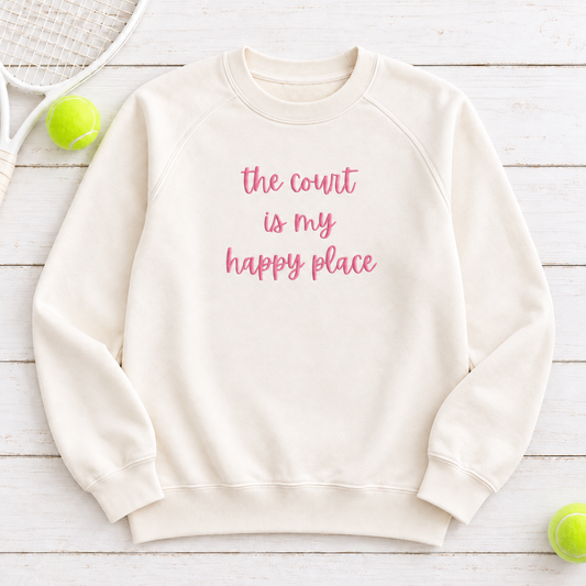 The Court Is My Happy Place pink embroidery aligned straight on ivory sweatshirt