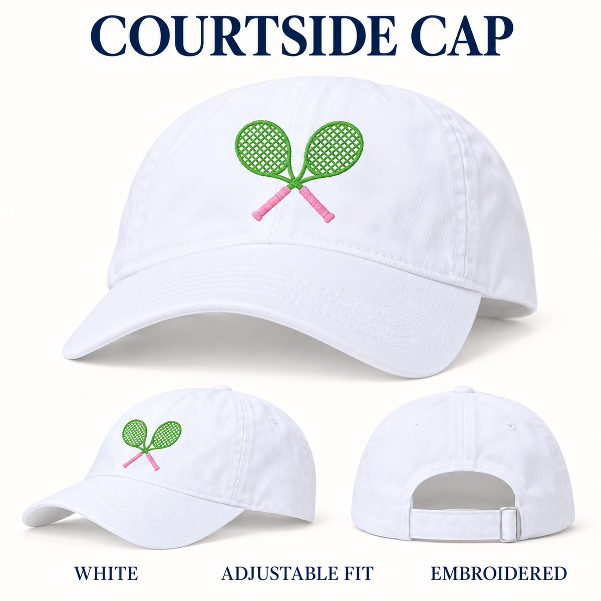Cross Court embroidered white Courtside Cap front and back options, adjustable fit