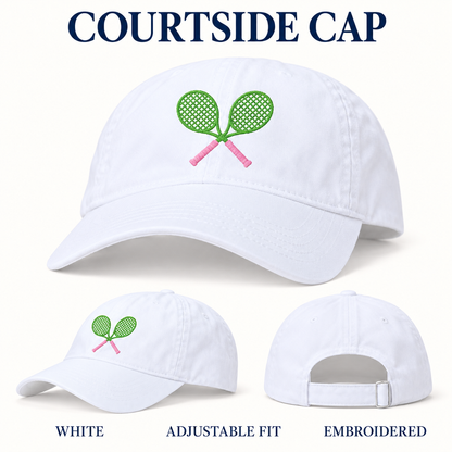 Cross Court embroidered white Courtside Cap front and back options, adjustable fit