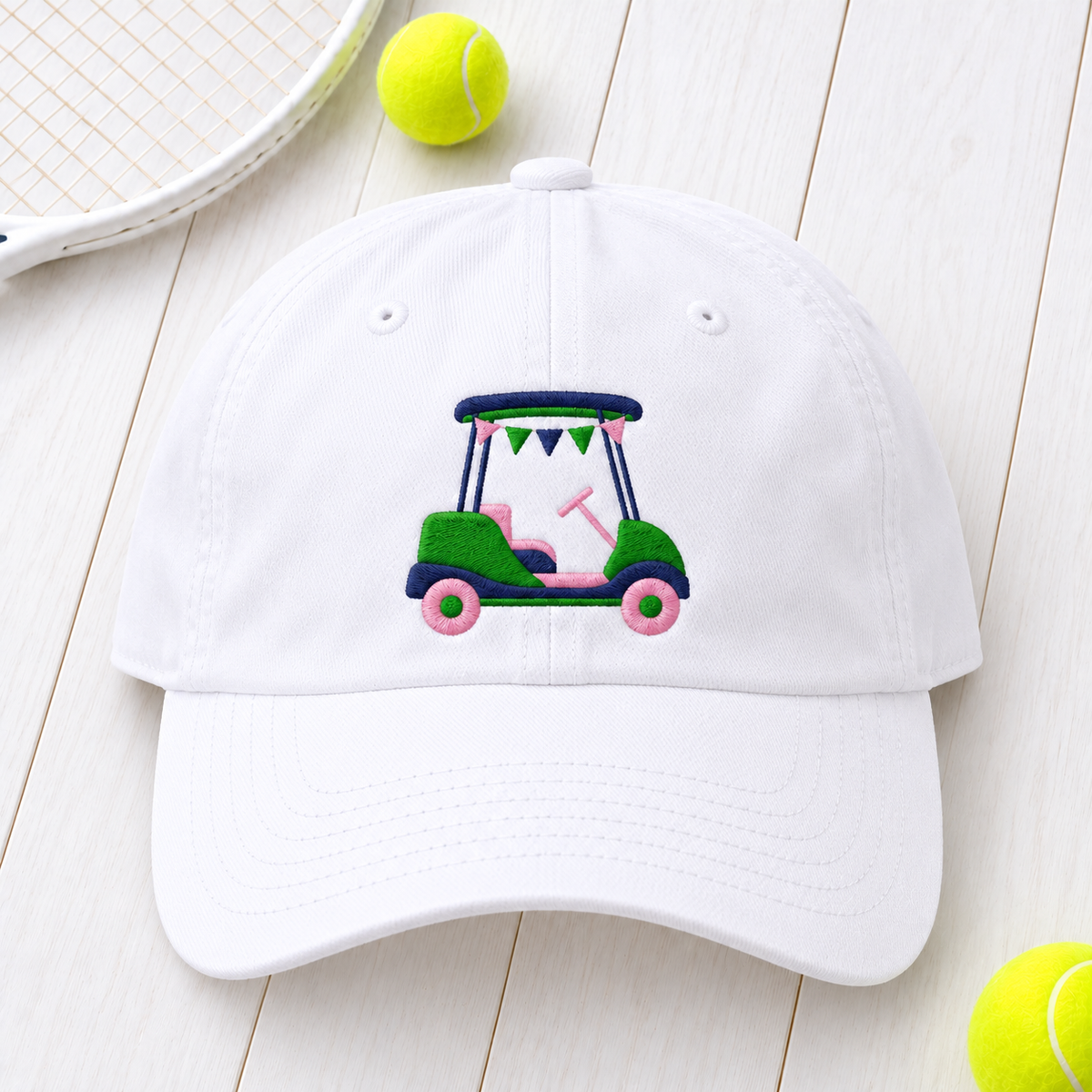 Golf Cart embroidered cap flat lay