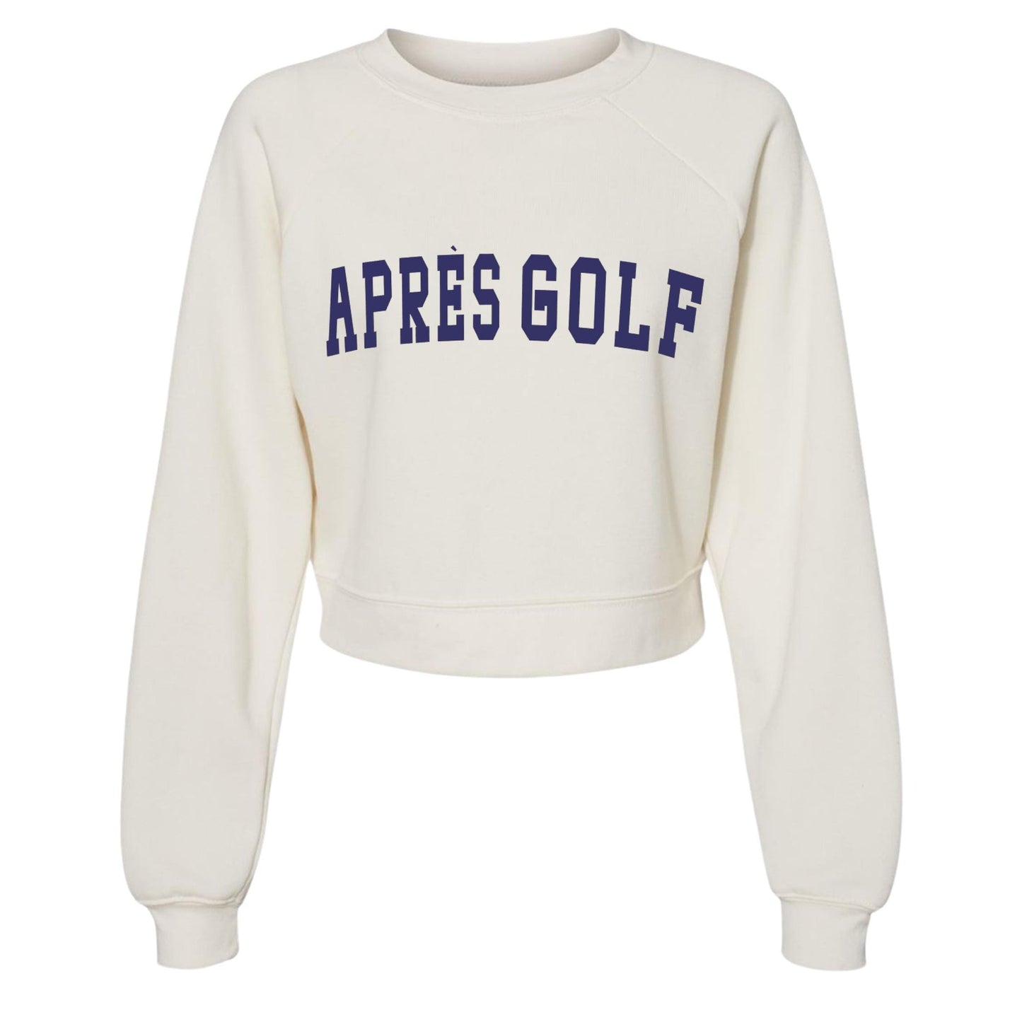 Après Golf Bella Crew - Cozy White Sweatshirt with Bold Navy Lettering - Unisex Golf Lover Gift - Perfect Post-Round Comfort Apparel
