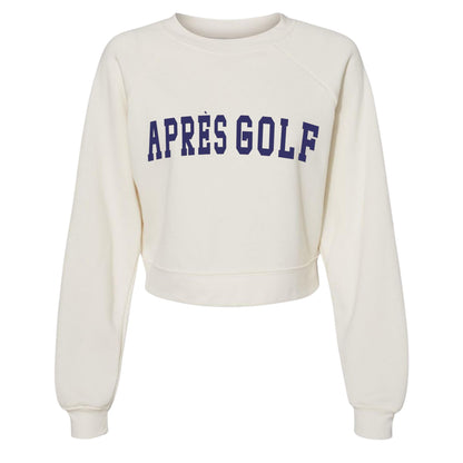 Après Golf Bella Crew - Cozy White Sweatshirt with Bold Navy Lettering - Unisex Golf Lover Gift - Perfect Post-Round Comfort Apparel