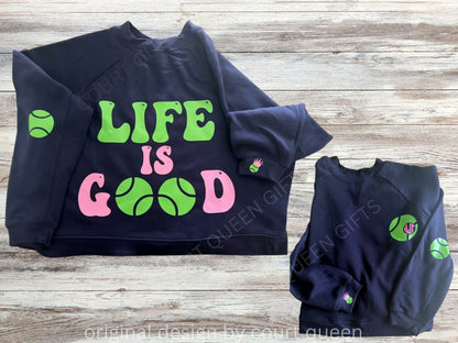 Life is Good Tennis Sweatshirt Retro Tennis Crewneck Monogram Customizable Tennis Gift Preppy Court Style Navy Sweatshirt Tennis Lover