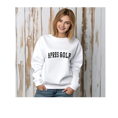 Après Golf Bella Crew - Cozy White Sweatshirt with Bold Navy Lettering - Unisex Golf Lover Gift - Perfect Post-Round Comfort Apparel