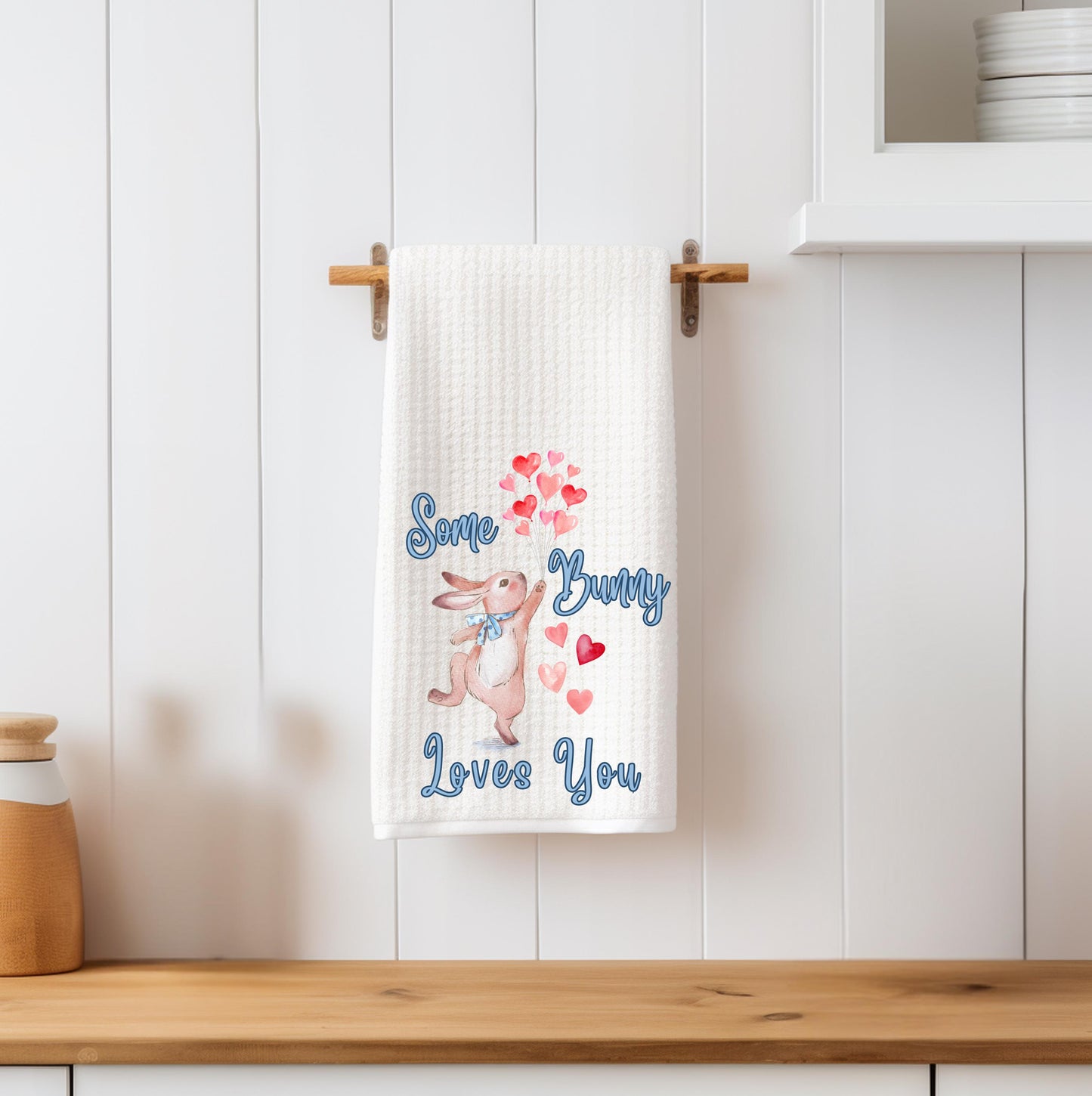Bunny Rabbit Valentine Tea Towel: Heart Balloons Kitchen Decor