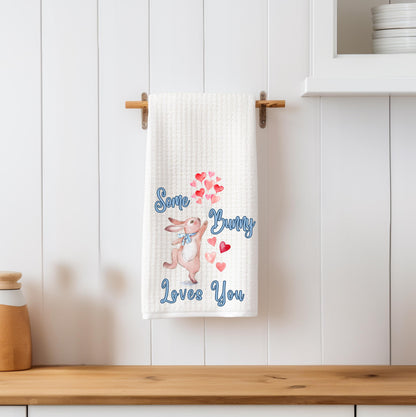 Bunny Rabbit Valentine Tea Towel: Heart Balloons Kitchen Decor