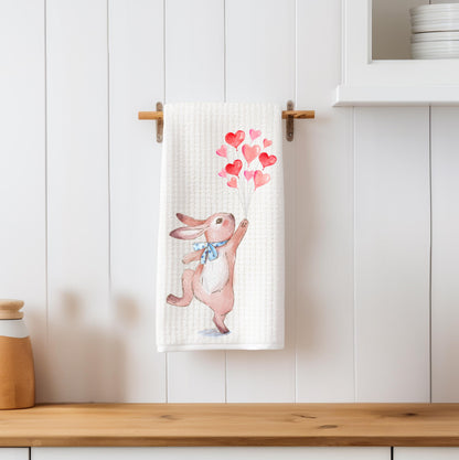 Bunny Rabbit Valentine Tea Towel: Heart Balloons Kitchen Decor