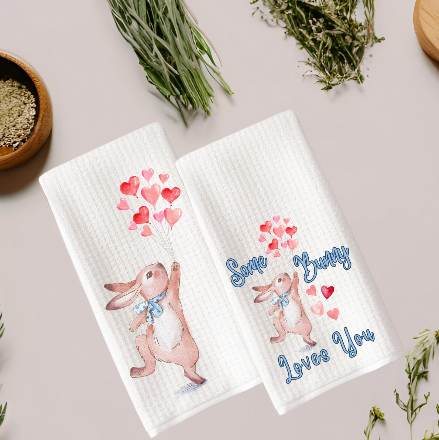Bunny Rabbit Valentine Tea Towel: Heart Balloons Kitchen Decor