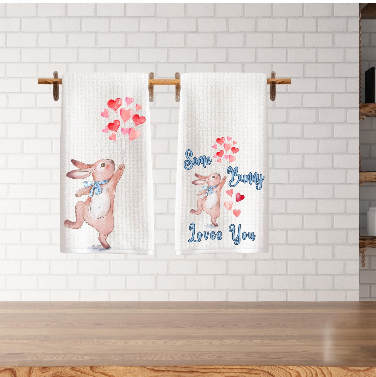 Bunny Rabbit Valentine Tea Towel: Heart Balloons Kitchen Decor