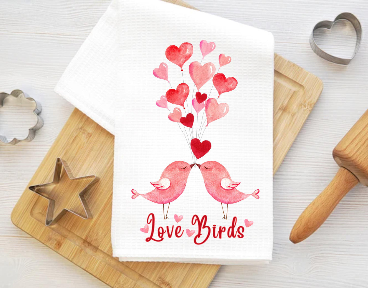 Love Birds Valentine's Tea Towel  Heart Balloons, Hostess Gift