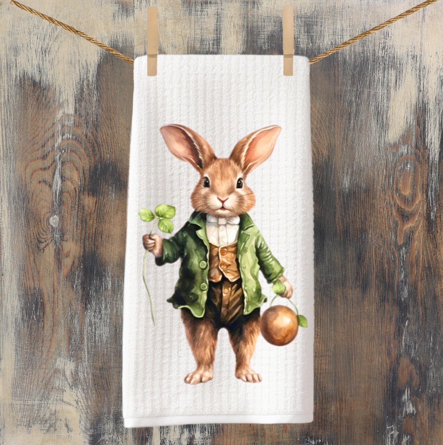 Watercolor Bunny Shamrock Waffle Weave Kitchen Towel: St. Patrick's Day Easter Decor
