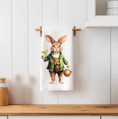Watercolor Bunny Shamrock Waffle Weave Kitchen Towel: St. Patrick's Day Easter Decor