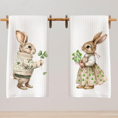 Bunny Rabbit Tea Towel: Spring Clover Waffle Weave Kitchen Decor