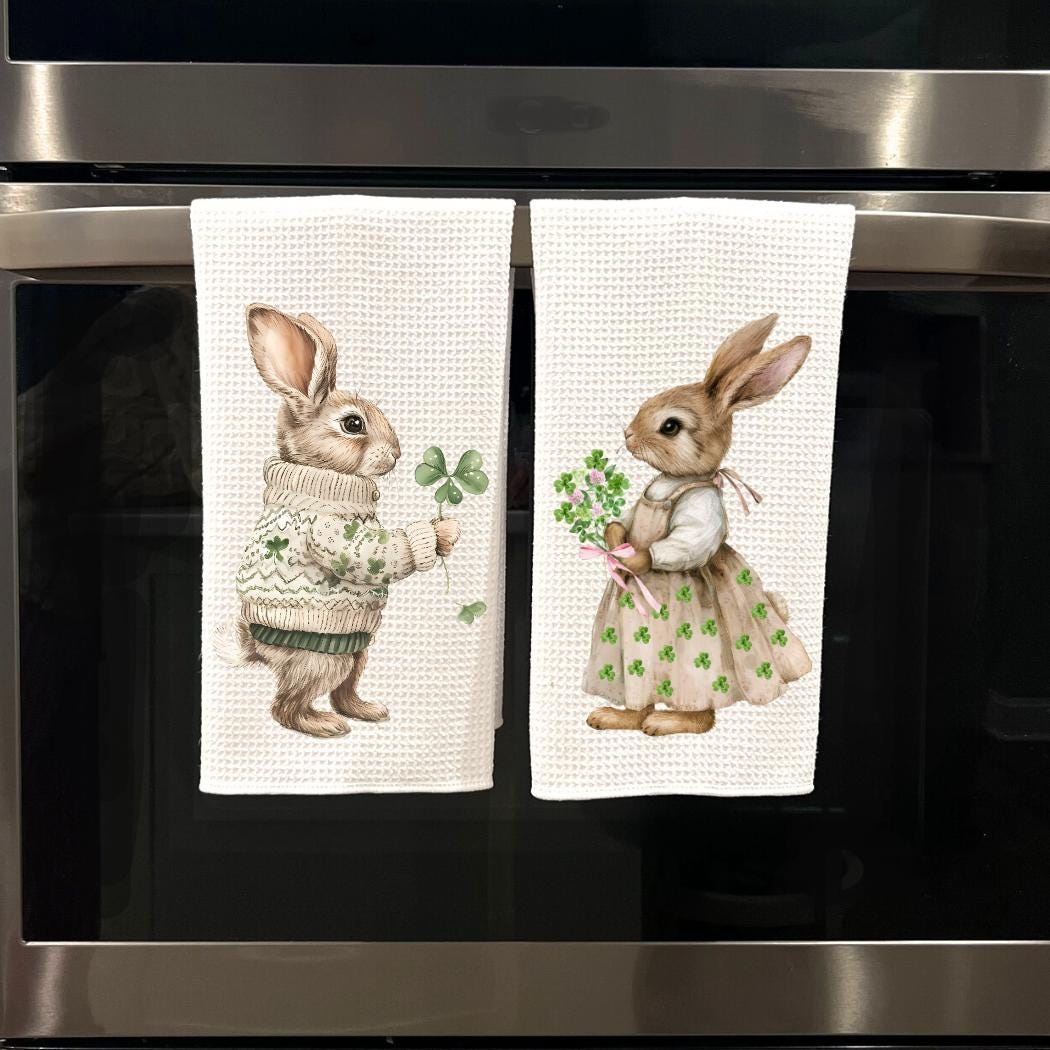 Bunny Rabbit Tea Towel: Spring Clover Waffle Weave Kitchen Decor