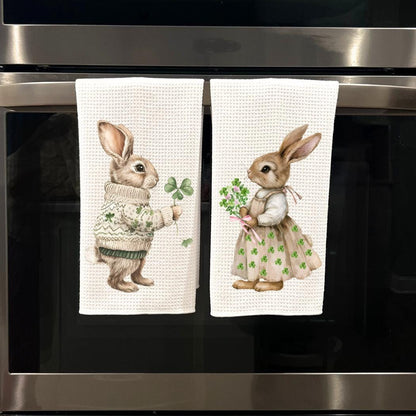 Bunny Rabbit Tea Towel: Spring Clover Waffle Weave Kitchen Decor