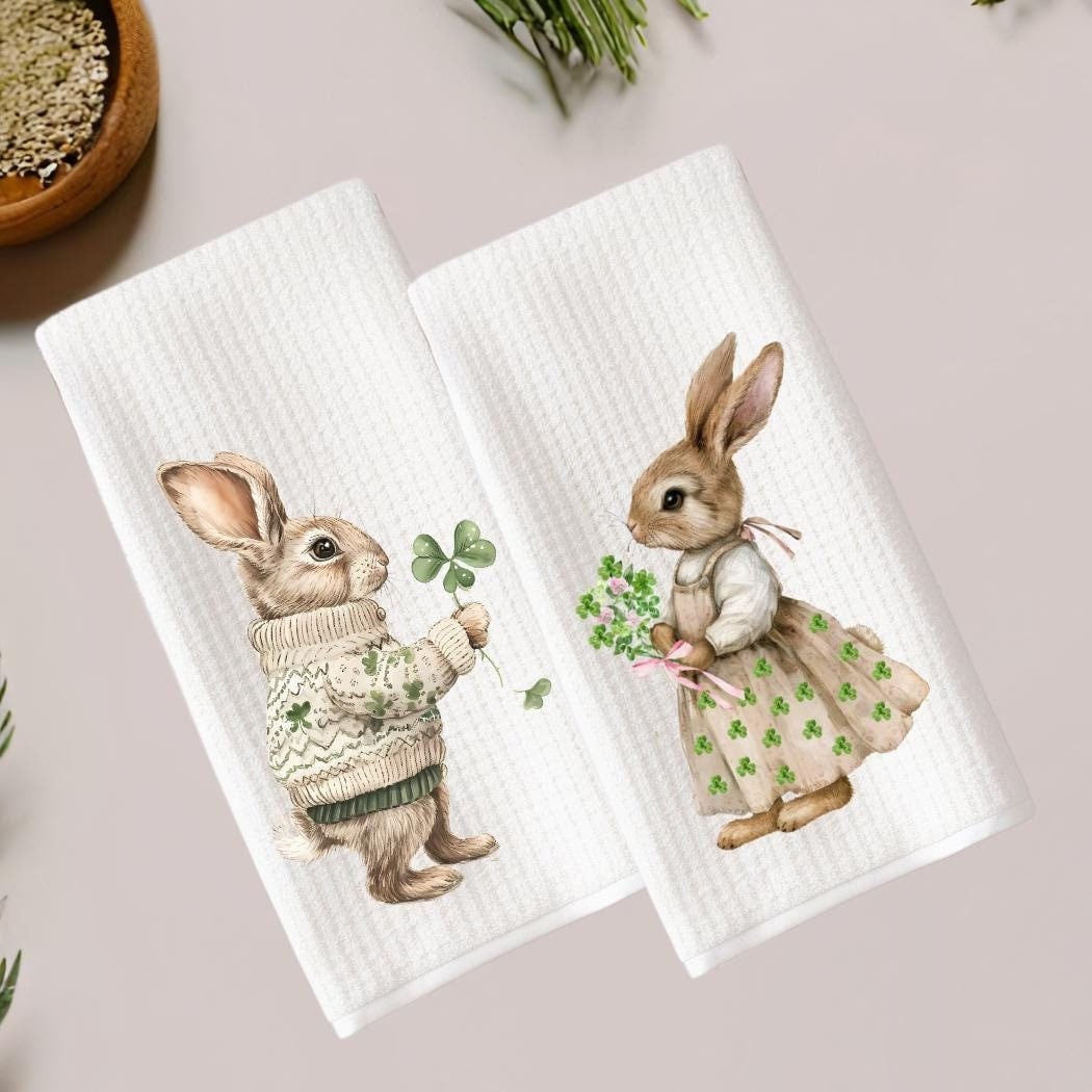 St Patricks Day Bunny Couple Tea Towel