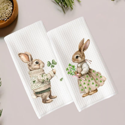 Bunny Rabbit Tea Towel: Spring Clover Waffle Weave Kitchen Decor