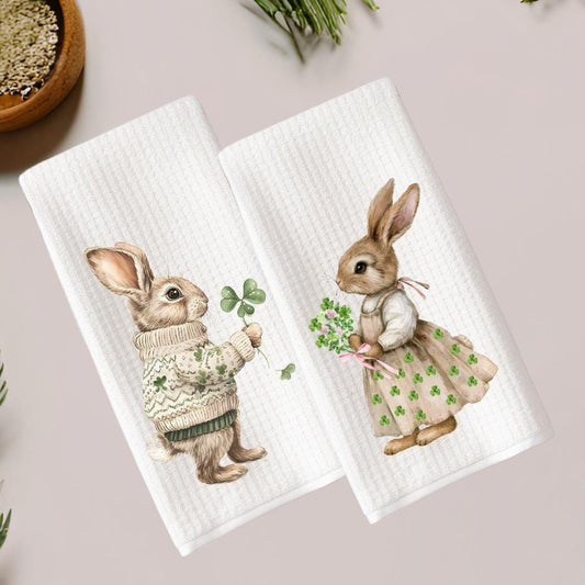 Bunny Rabbit Tea Towel: Spring Clover Waffle Weave Kitchen Decor