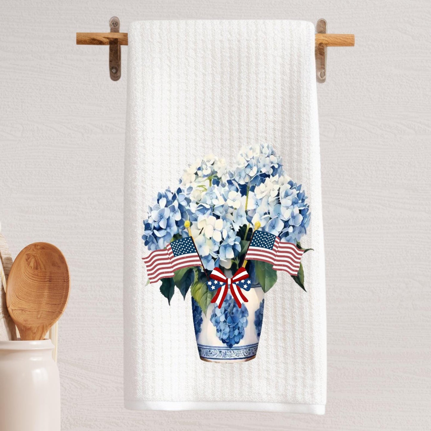 Patriotic Hydrangea Tea Towel: American Flag 4th of July Decor