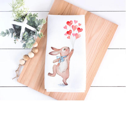 Bunny Rabbit Valentine Tea Towel: Heart Balloons Kitchen Decor