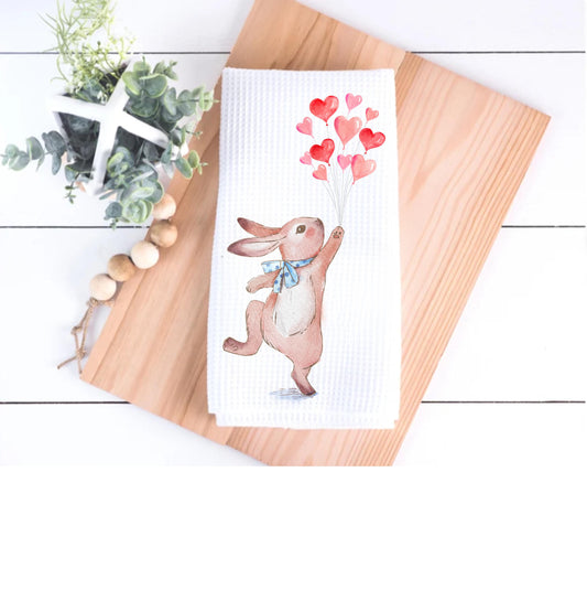 Bunny Rabbit Valentine Tea Towel: Heart Balloons Kitchen Decor
