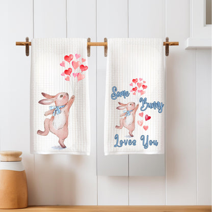 Bunny Rabbit Valentine Tea Towel: Heart Balloons Kitchen Decor