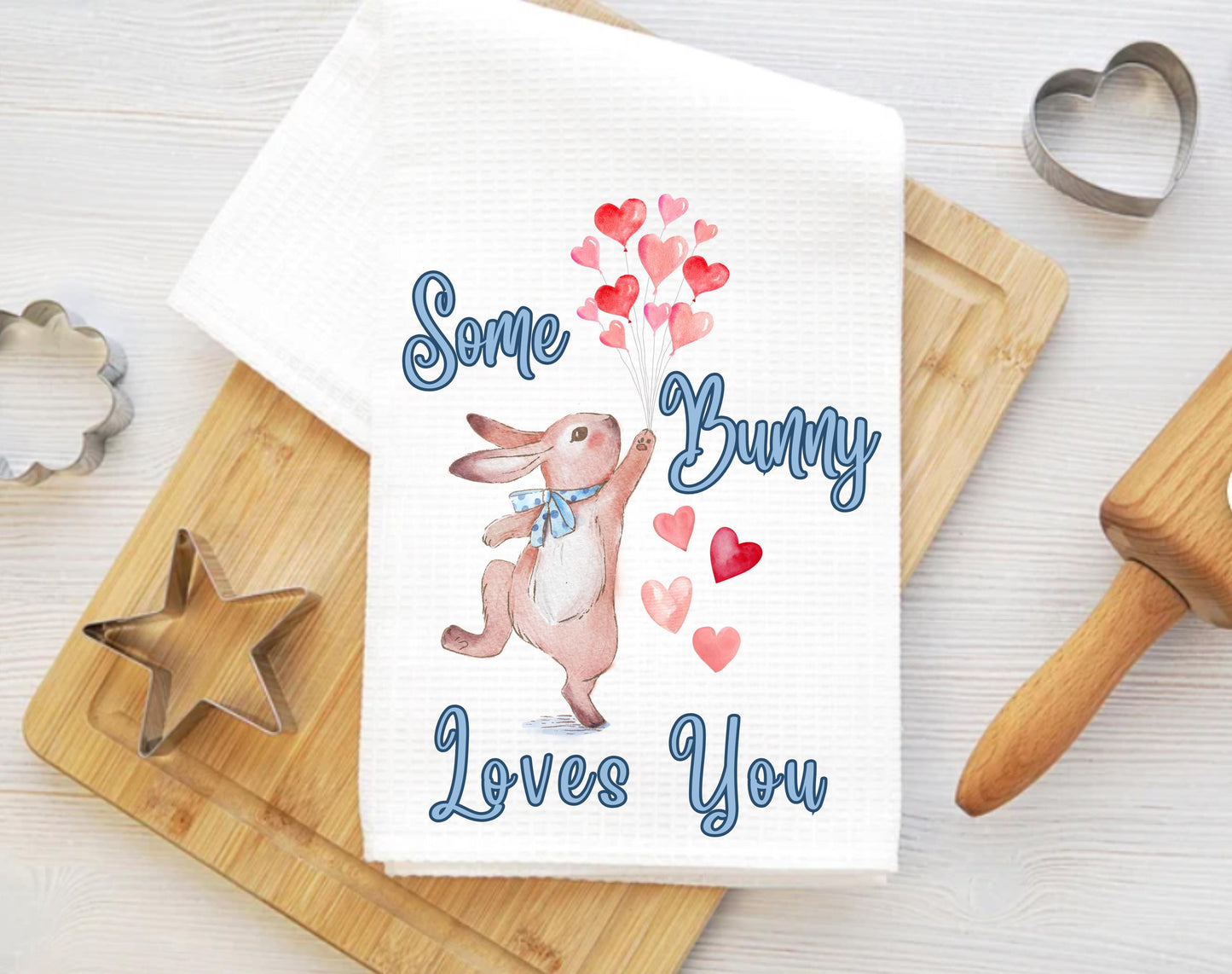 Bunny Rabbit Valentine Tea Towel: Heart Balloons Kitchen Decor