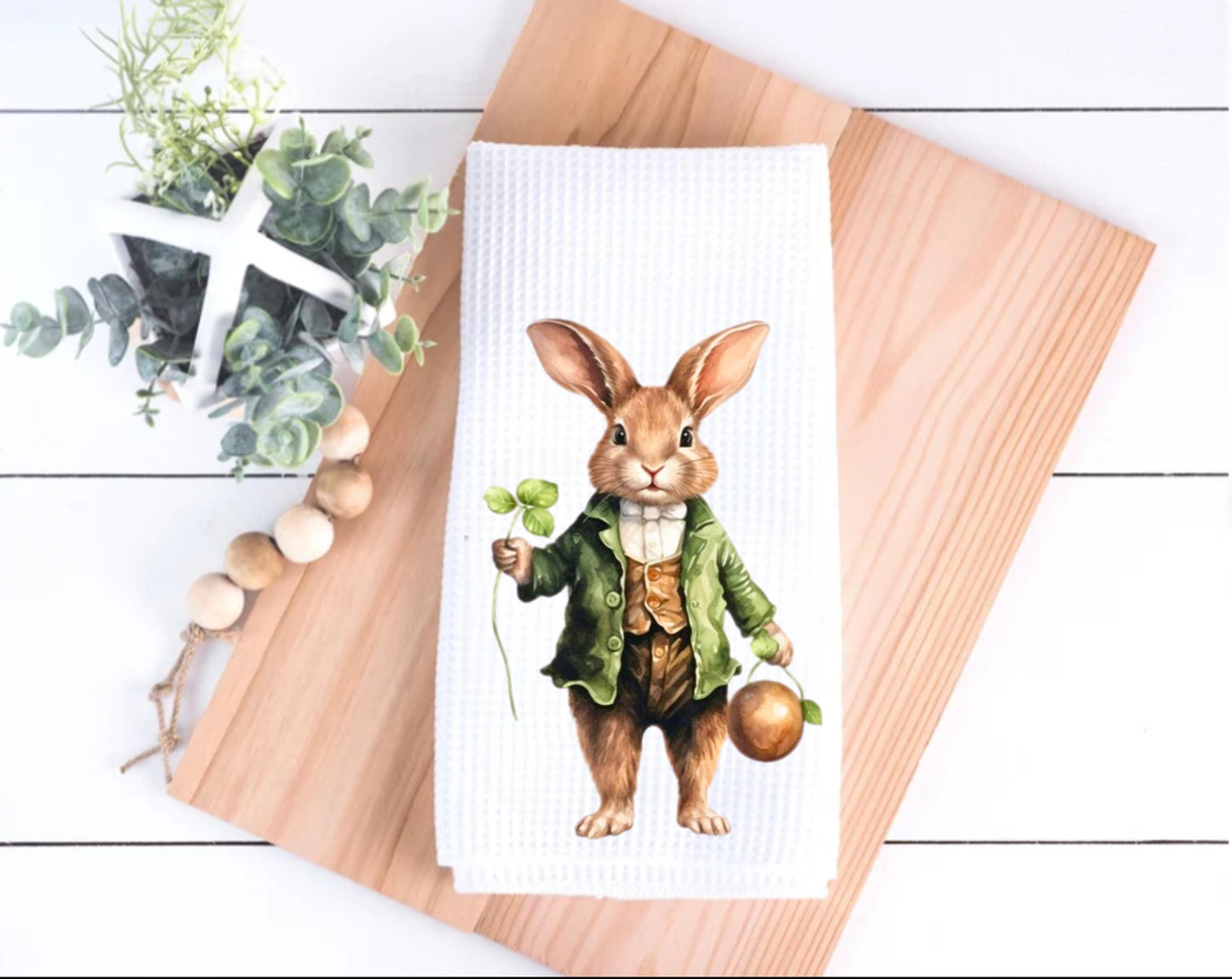 Watercolor Bunny Shamrock Waffle Weave Kitchen Towel: St. Patrick's Day Easter Decor